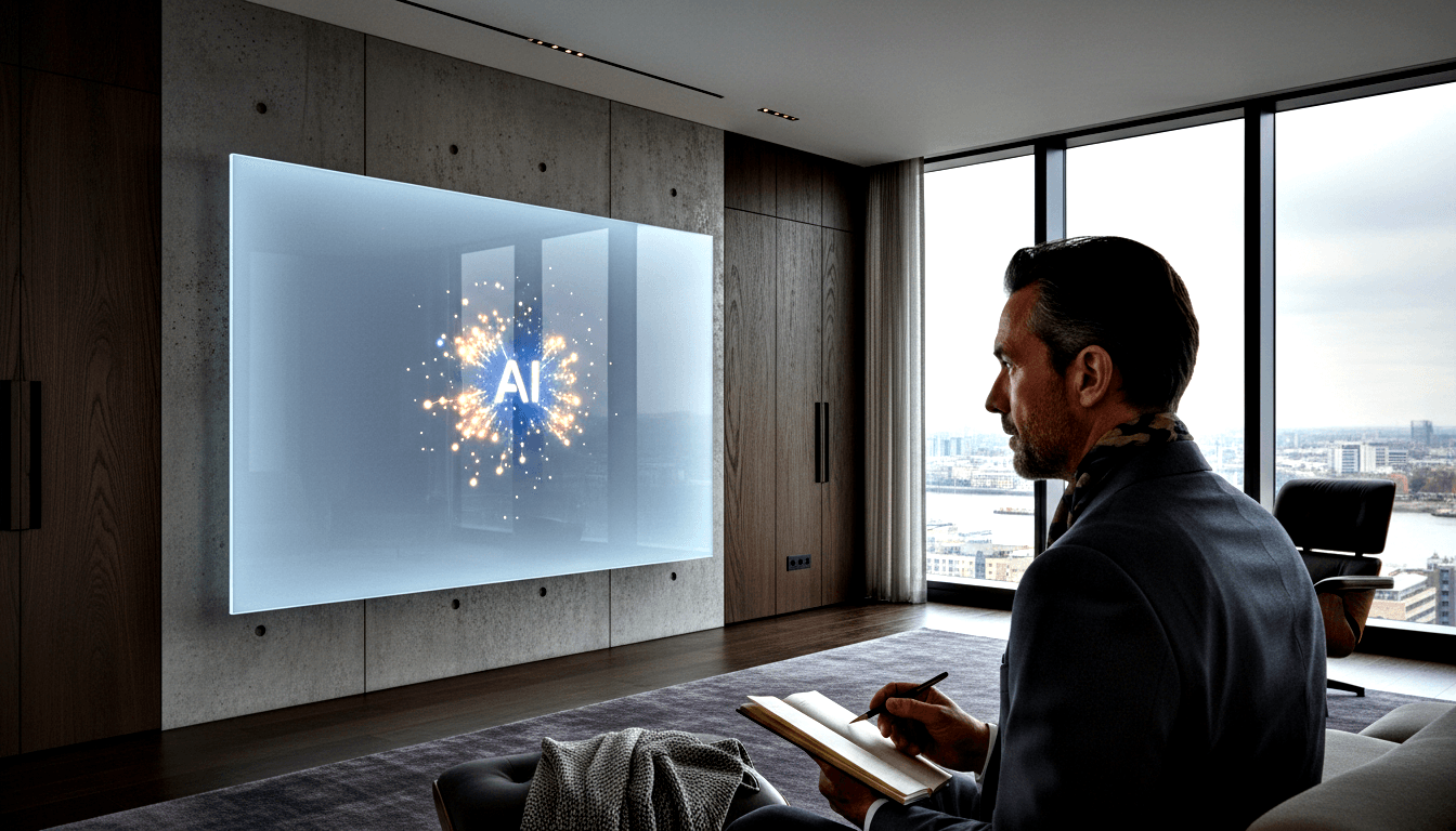 Man in dark blazer on gray sofa holds golden notebook, facing frosted-glass panel showing 'AI' with glowing amber particle effects.