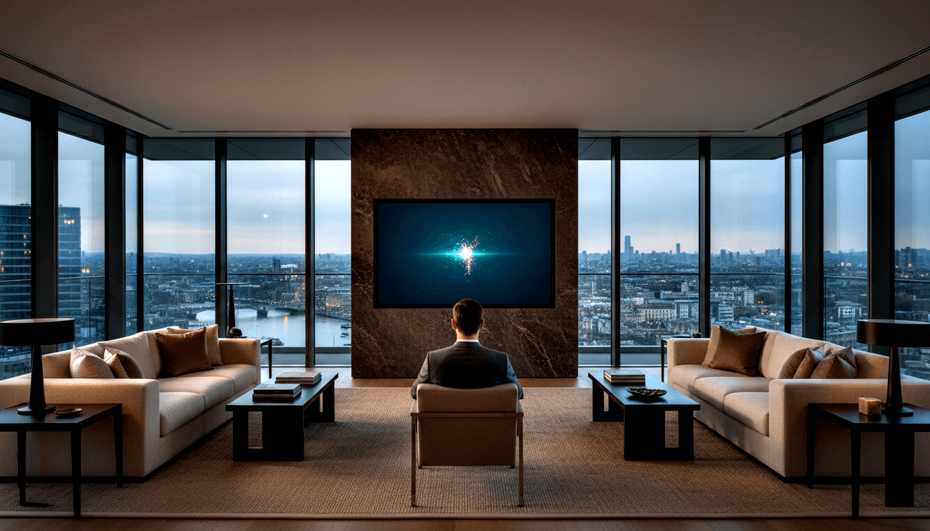 Person in dark suit sits alone facing wall-mounted TV with teal glow, floor-to-ceiling windows show twilight skyline and river.