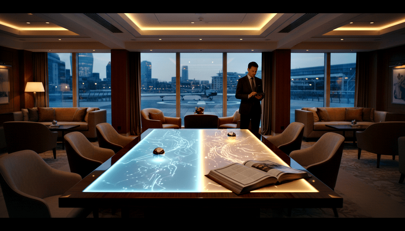 Dimly lit lounge with a glowing blue-white table displaying map-like light patterns, an open book on top, surrounded by armchairs.