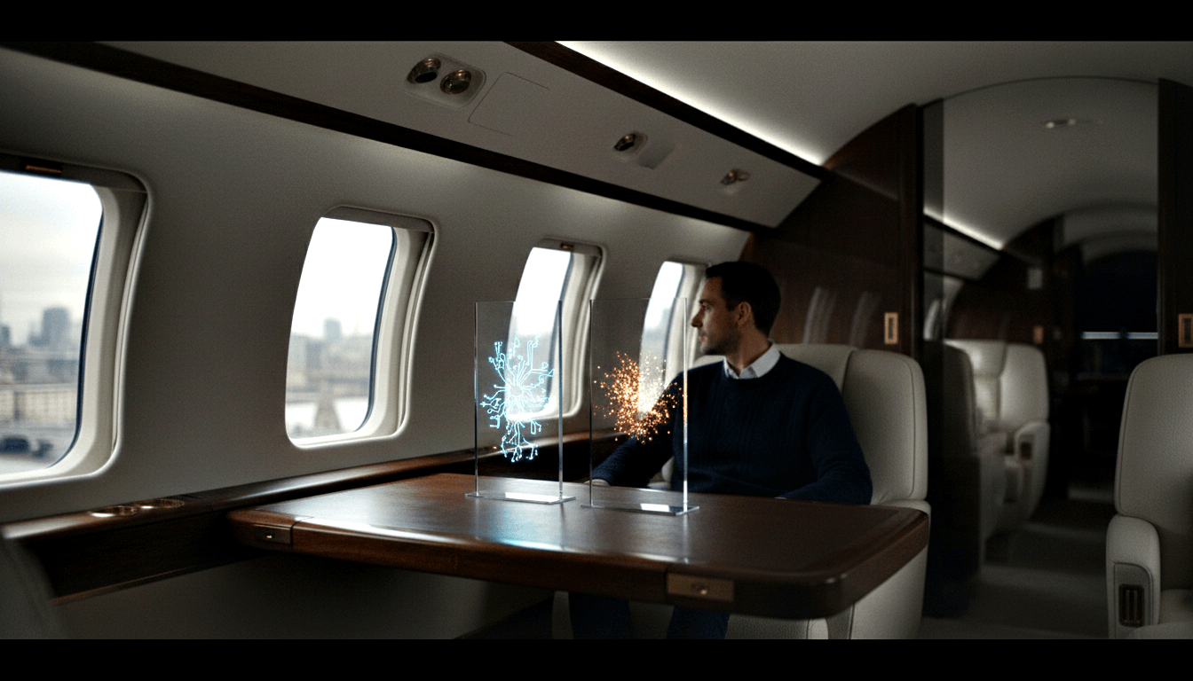 Man in navy sweater examining a glowing cyan circuit-pattern display on a transparent panel in a private jet cabin.