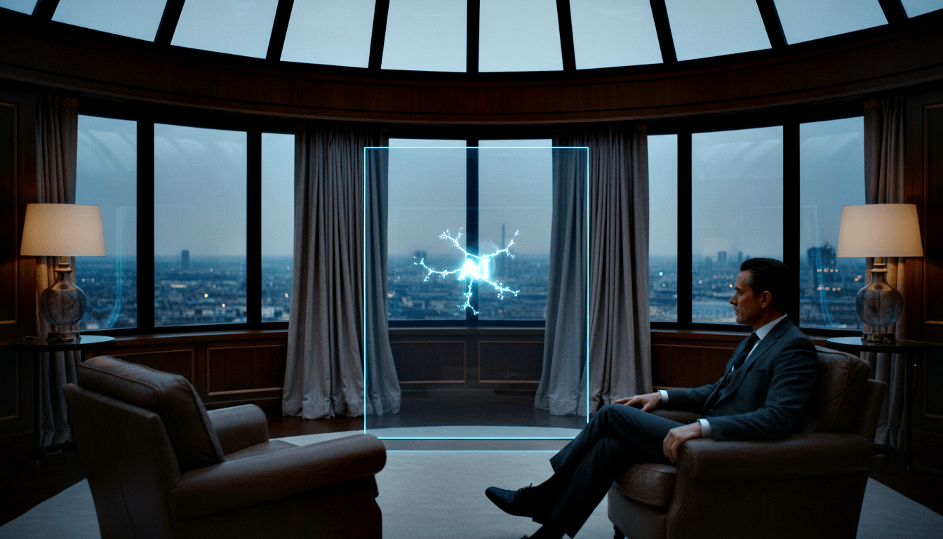 Man in dark suit sits in leather armchair facing floating cyan holographic panel; floor-to-ceiling windows show twilight skyline.