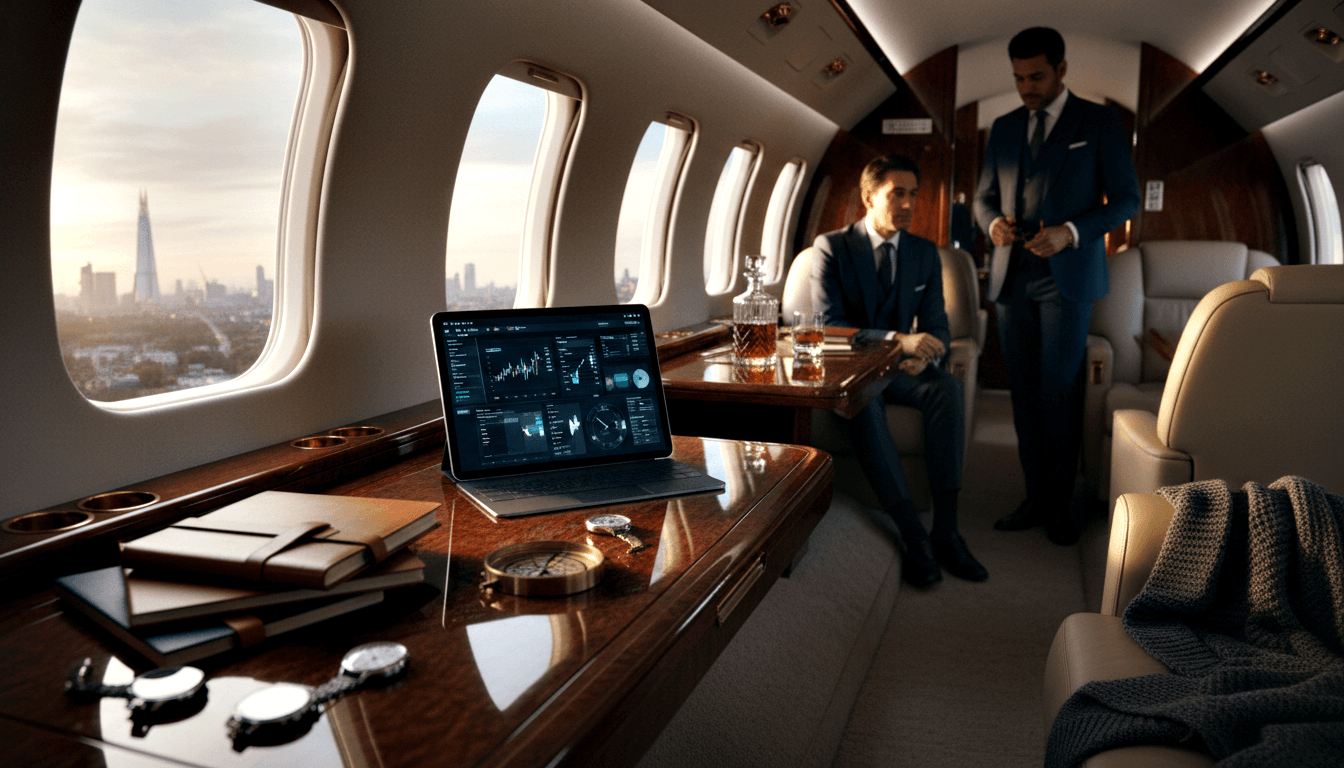 Private jet cabin with laptop, wristwatches, compass, and decanter on table; two men in navy suits near cream leather seats.