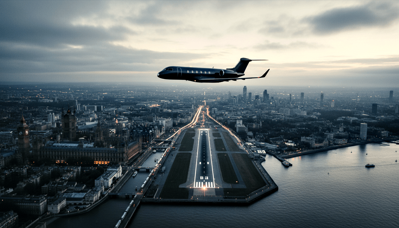 Dark charcoal private jet with rear engines and T-tail flying above an illuminated runway on a river peninsula at dusk.