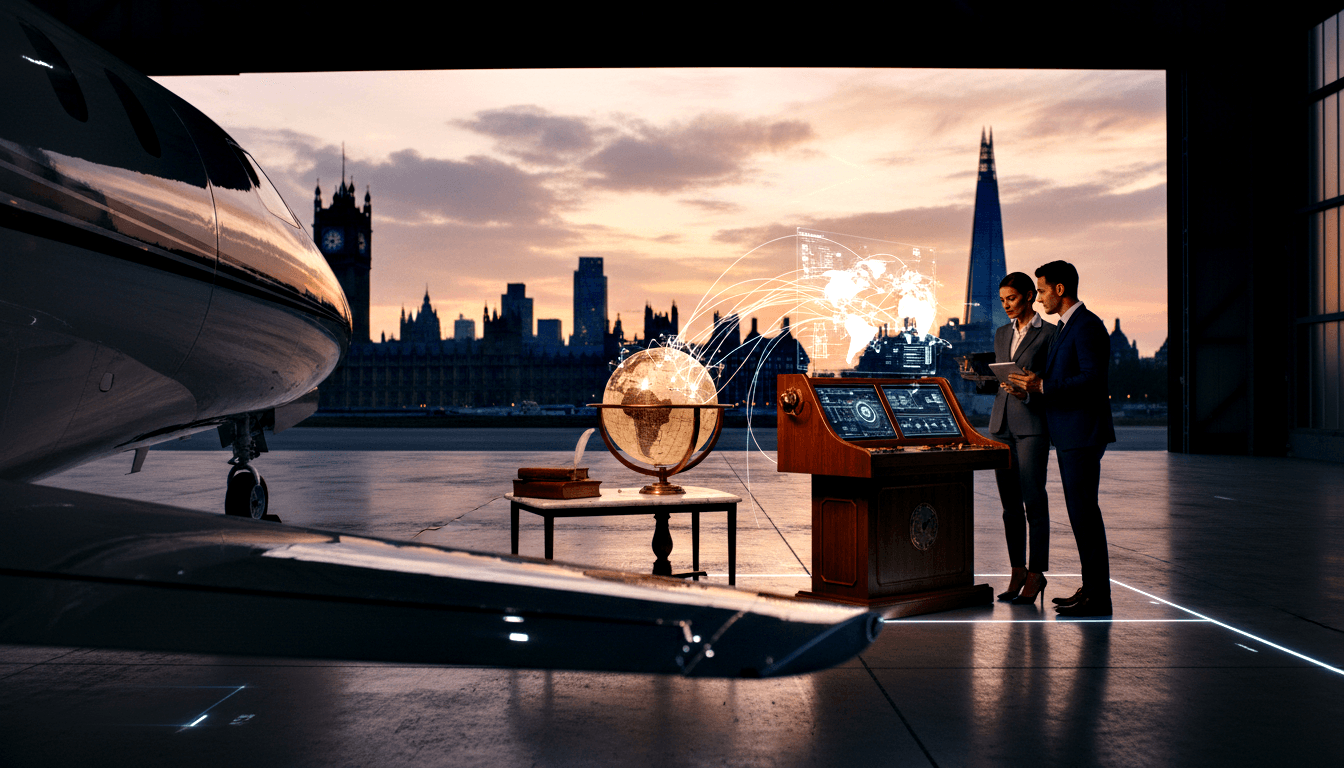 White and silver private jet in a hangar opening onto a dusk cityscape; a woman and man in dark attire review a tablet at a holographic console.