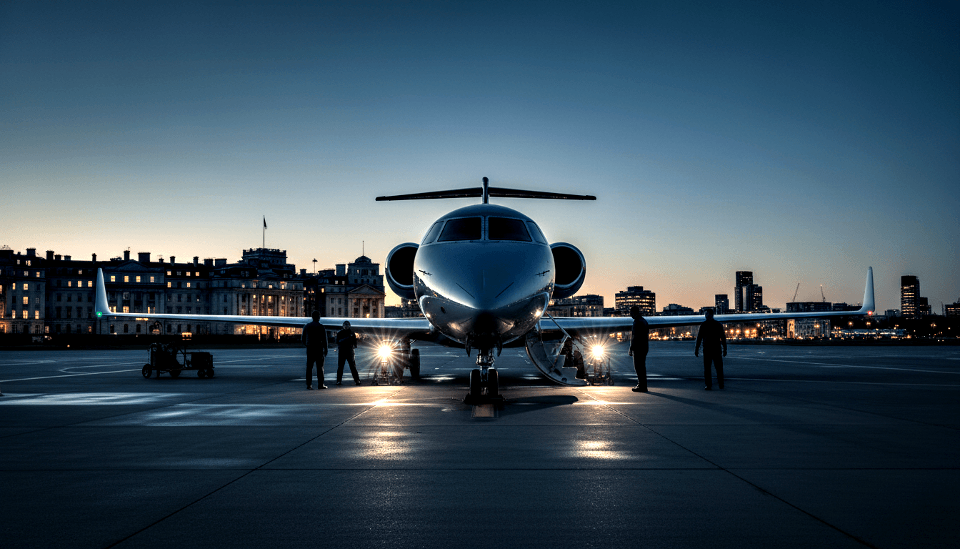 Business jet head-on on tarmac at twilight, landing lights glowing, silhouetted ground crew on both sides, city skyline behind.