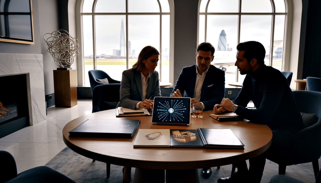 Three professionals at a round table review a tablet with a cyan network diagram; arched windows reveal airfield and city skyline.
