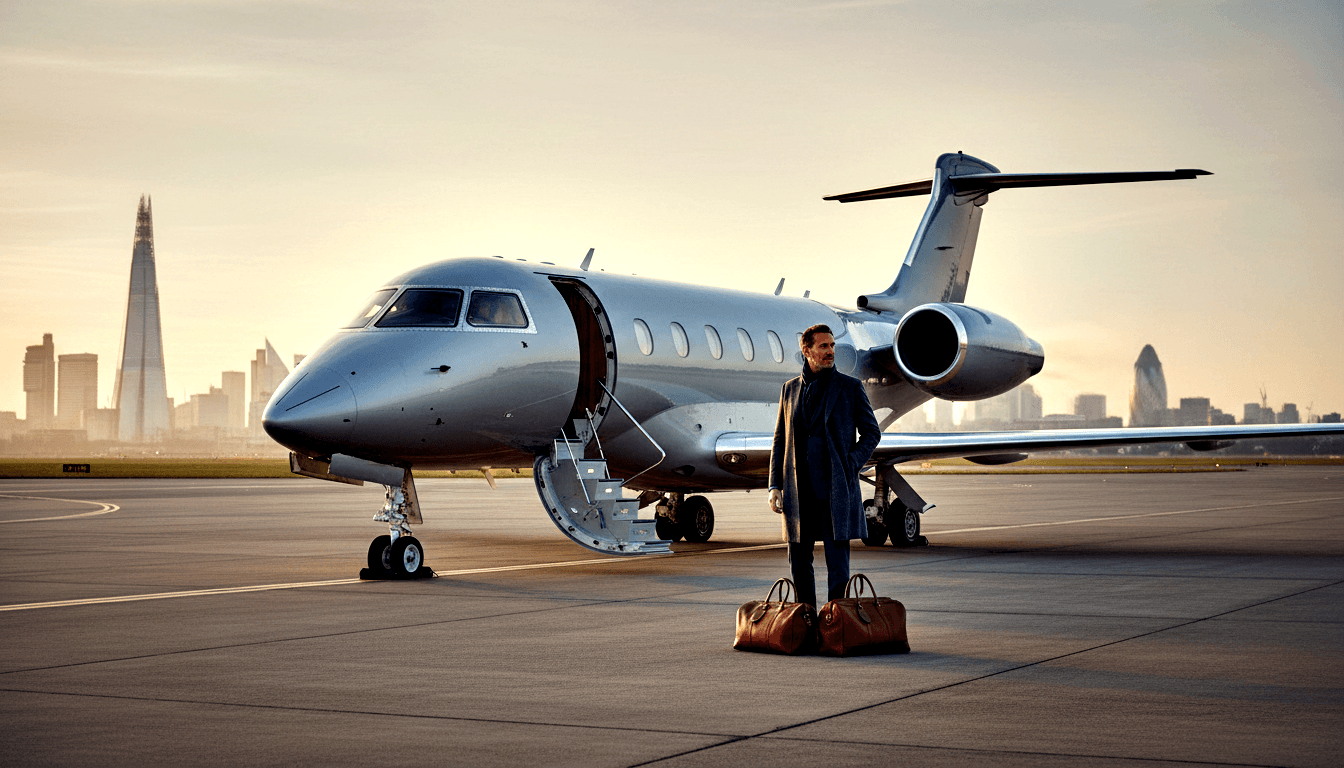 Middle-aged man in dark overcoat standing beside a silver-gray business jet on a tarmac, tan leather duffel bag at his feet.