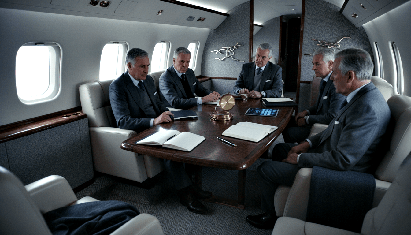 Five men in dark suits sit around an oval walnut conference table in a private aircraft cabin, one speaking, others reviewing notebooks.