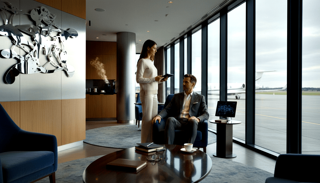 Woman in white outfit holds tablet speaking to suited man in blue velvet armchair; private jet visible through floor-to-ceiling windows.