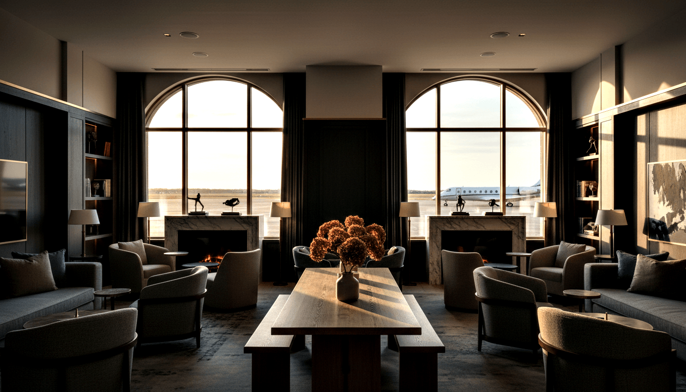 CGI lounge with dark walls, twin marble fireplaces, grey seating, wooden table, and arched windows showing a private jet outside.