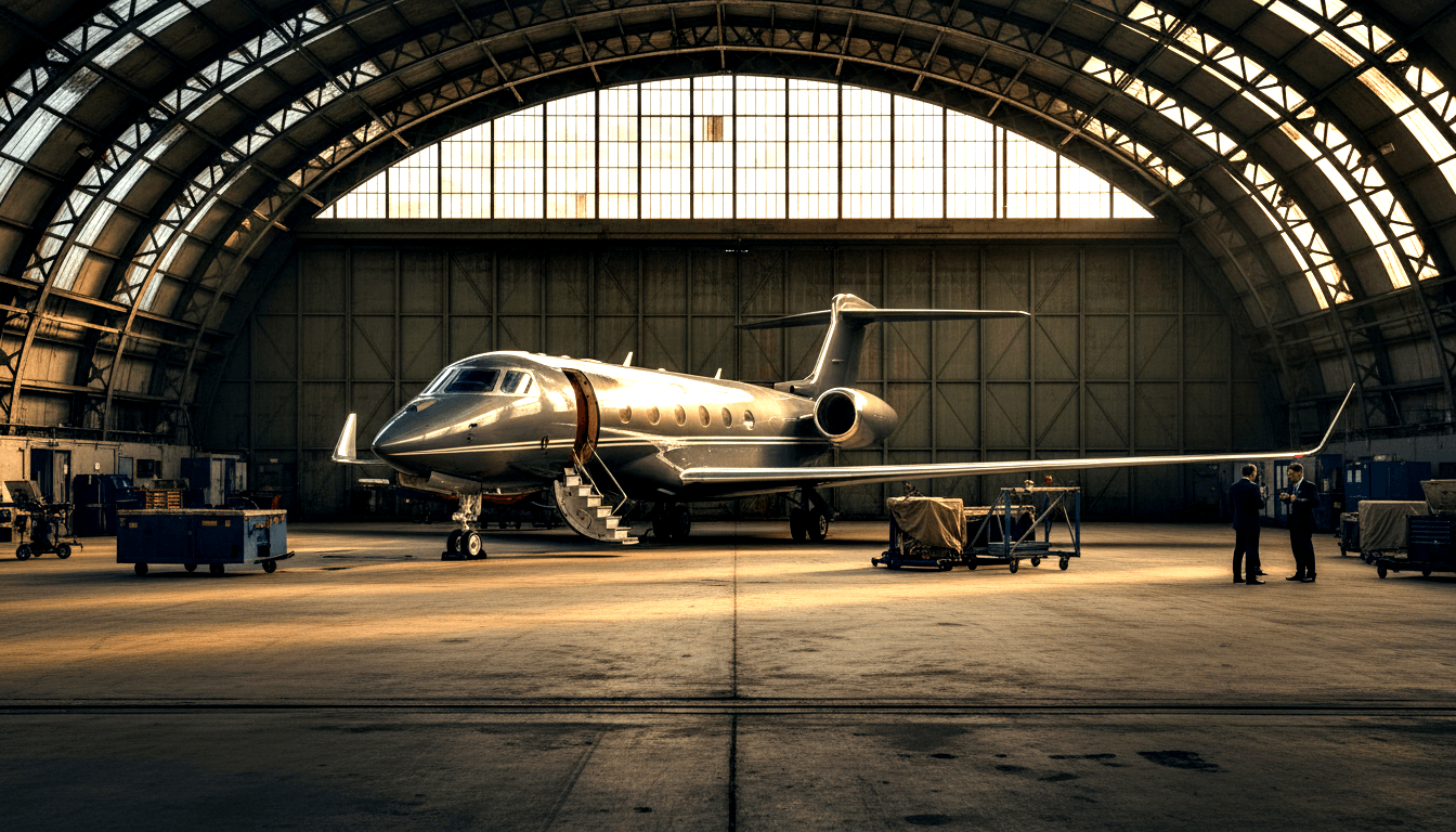 Silver mirror-finish private jet in industrial hangar with two men in dark suits conversing at right, airstairs deployed.