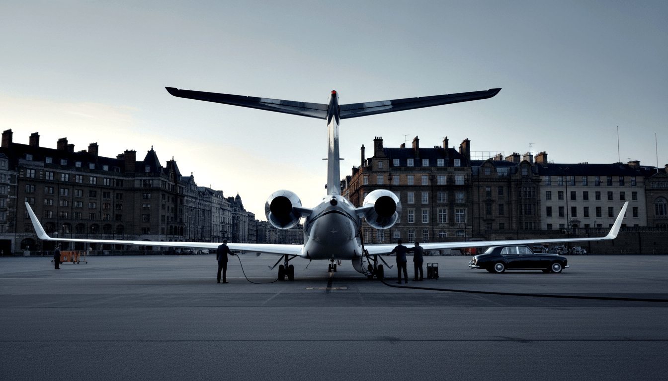 Twin-engine T-tail business jet from behind on tarmac at dusk, three dark-clad figures, vintage black car, Victorian buildings backdrop.
