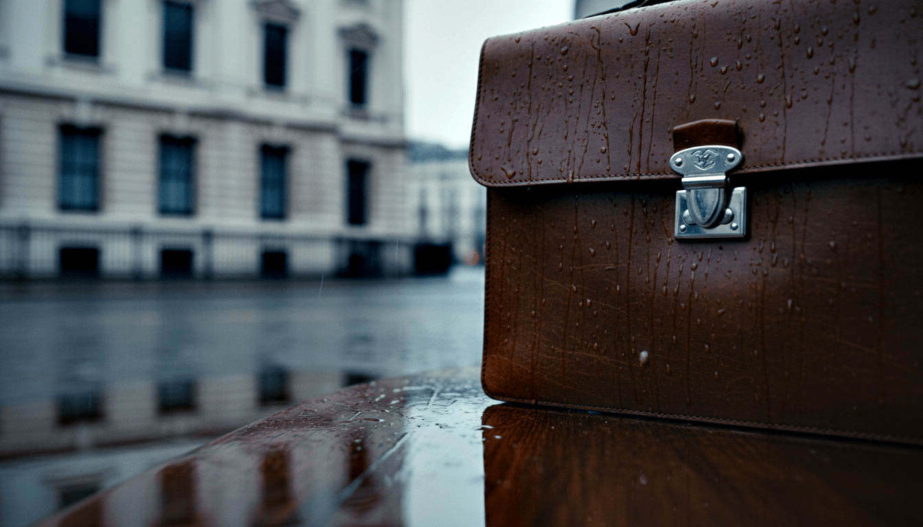 Worn brown leather briefcase with silver clasp, covered in water droplets and scratches, on a rain-soaked wooden surface.