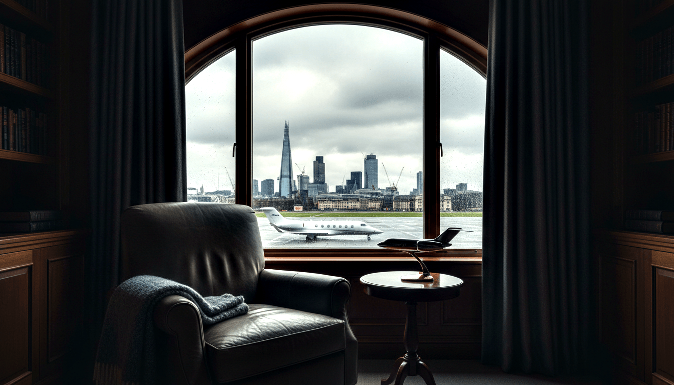Wood-paneled lounge with leather armchair seen through rain-spotted arched window; white private jet on wet tarmac outside.
