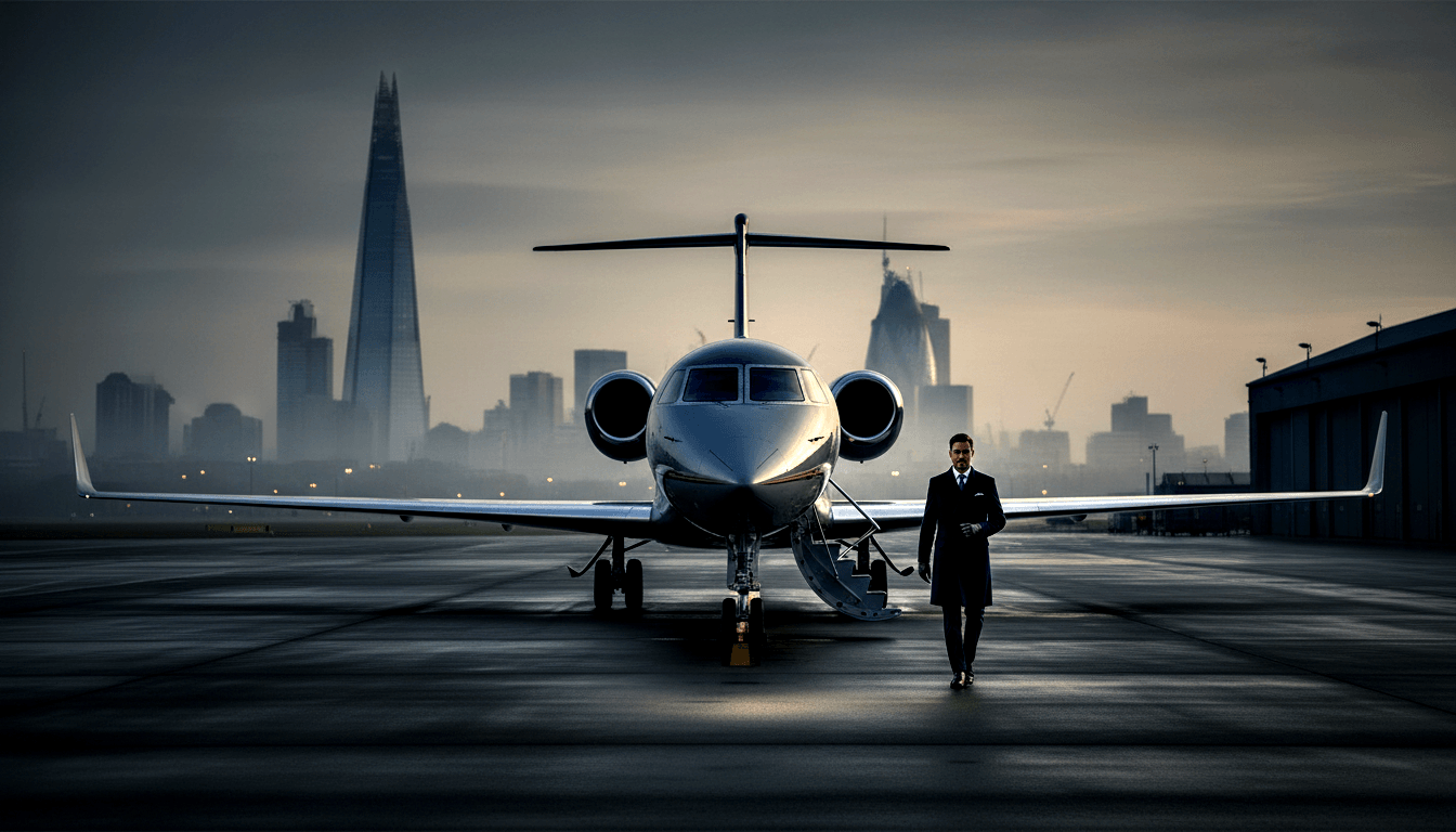Man in dark coat before business jet on tarmac at dusk, amber urban skyline with pyramidal tower behind.