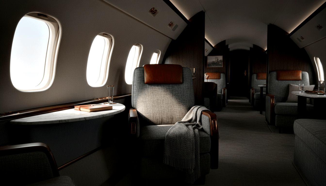 Private aircraft cabin with charcoal armchair, cognac leather headrest, marble-topped table, and glass tumbler; seating recedes toward tail.