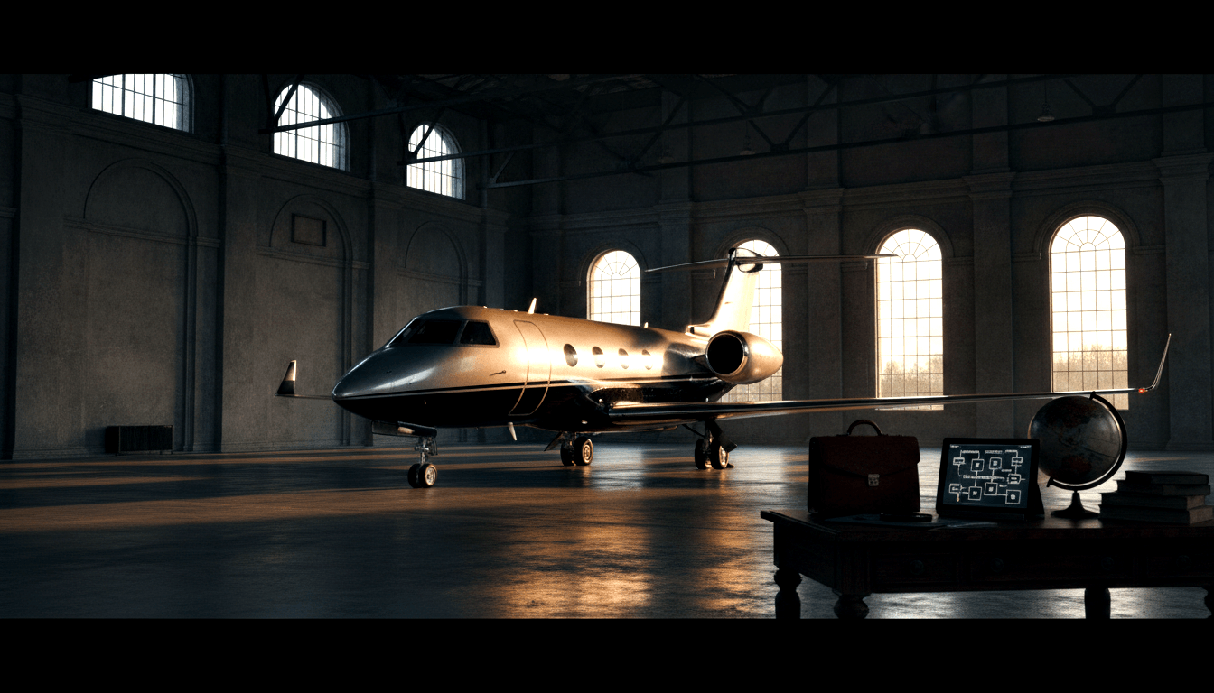 Silver private jet in a grand hangar with arched windows and polished floor; foreground desk holds a briefcase, globe, and tablet.