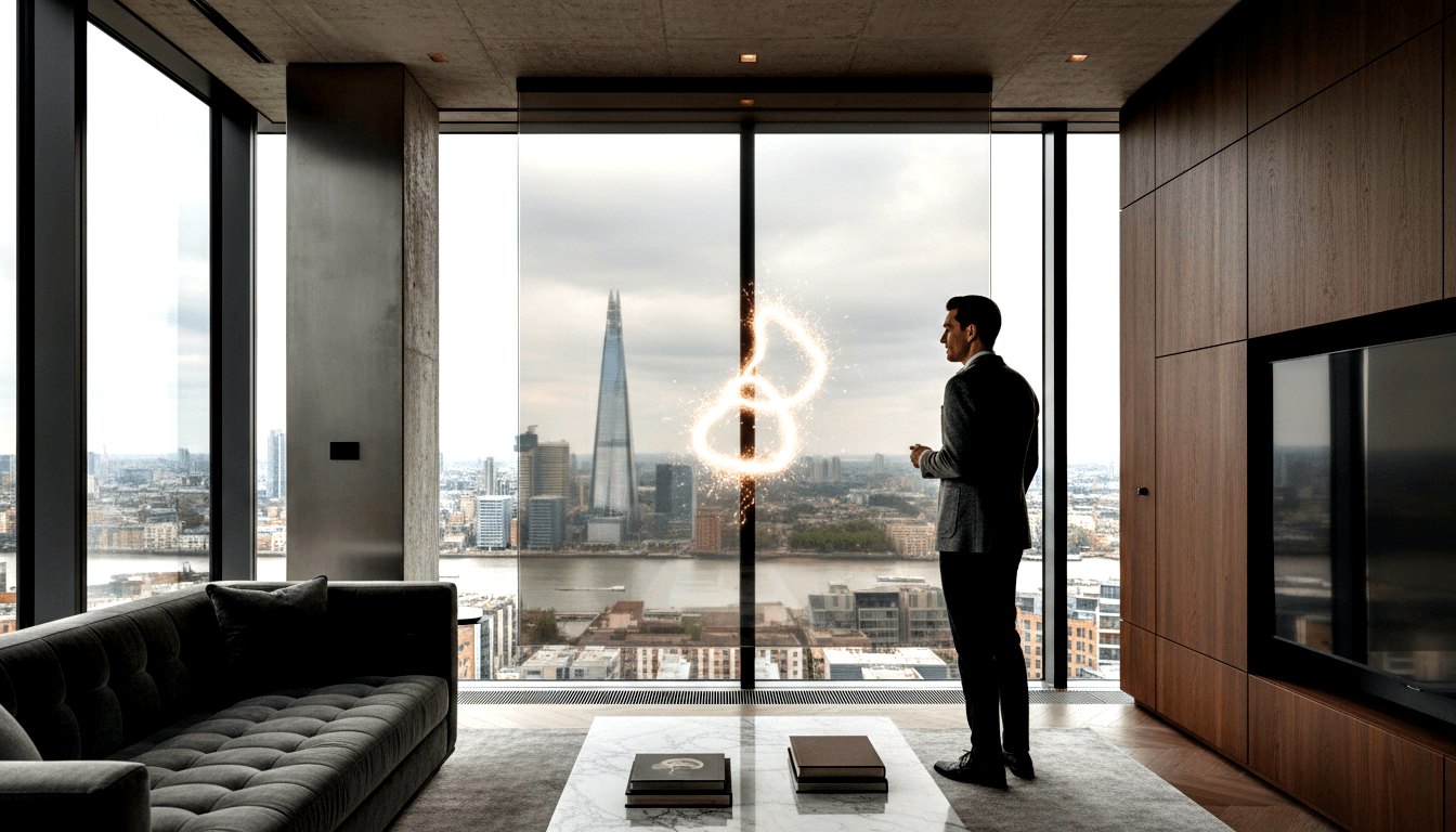 Dark-haired man in dark suit standing in penthouse with concrete ceiling, wood-paneled walls, and floor-to-ceiling city skyline views.
