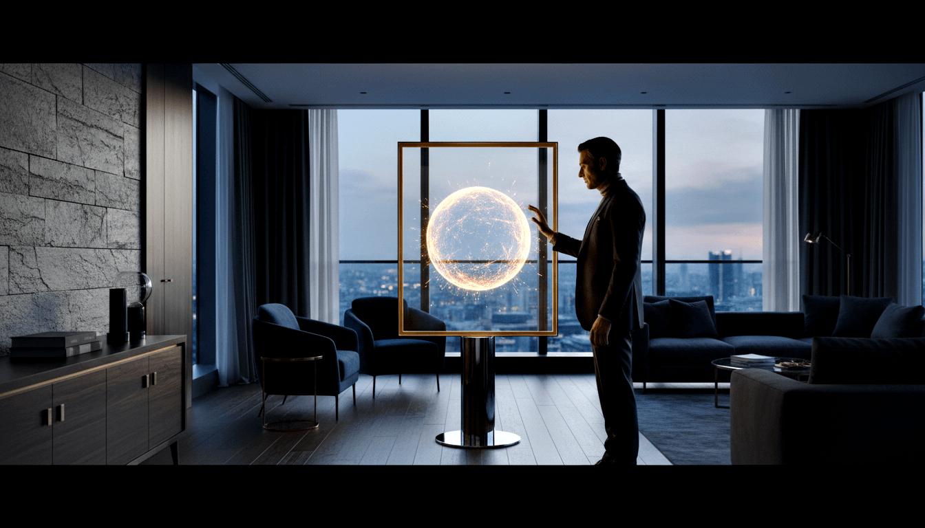 Adult male in dark clothing reaching toward a glowing amber orb on a gold-framed pedestal in a dim high-rise living room at twilight.
