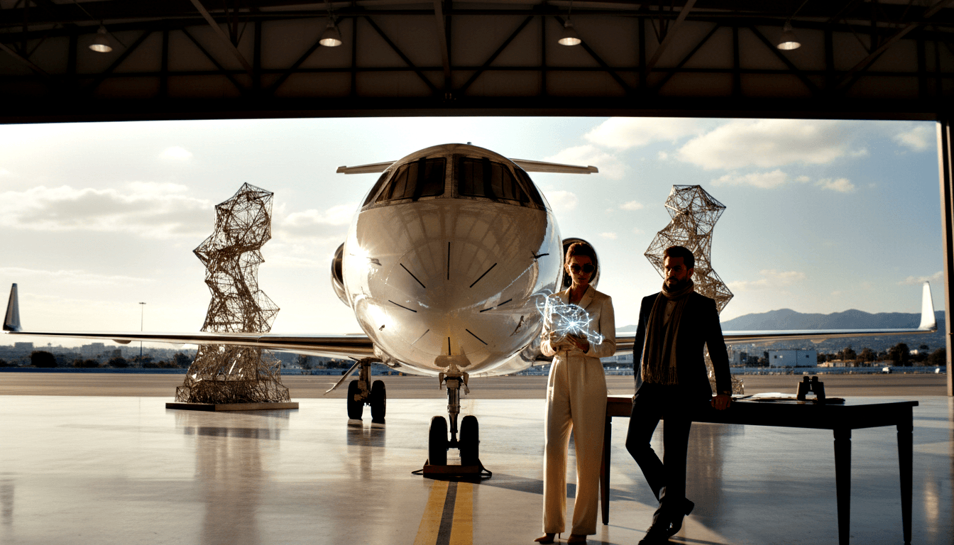 Hangar with white private jet, red-haired woman holding cyan sphere, bearded man with binoculars, wire-frame sculptures.