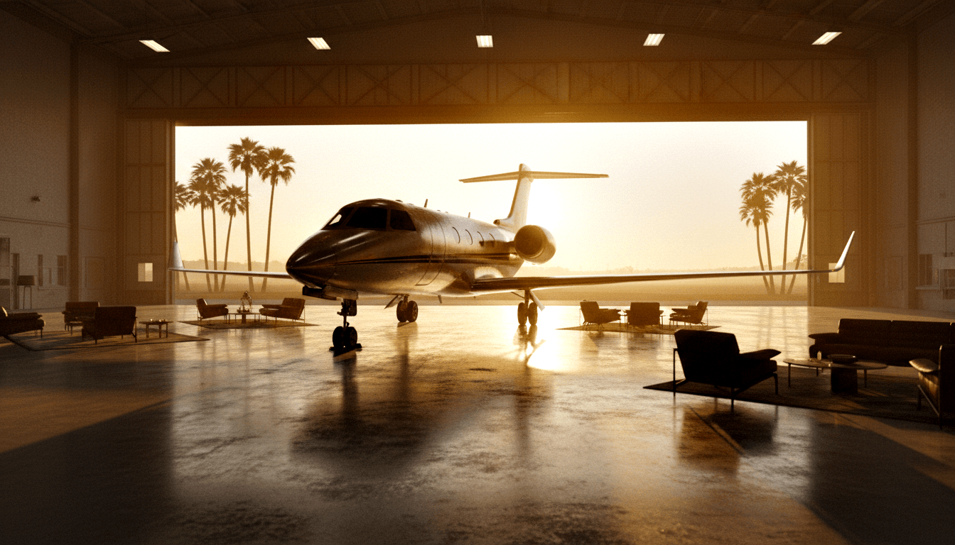 Business jet with T-tail in hangar; lounge seating along sides, silhouetted figure near gear, palm trees at sunset beyond.
