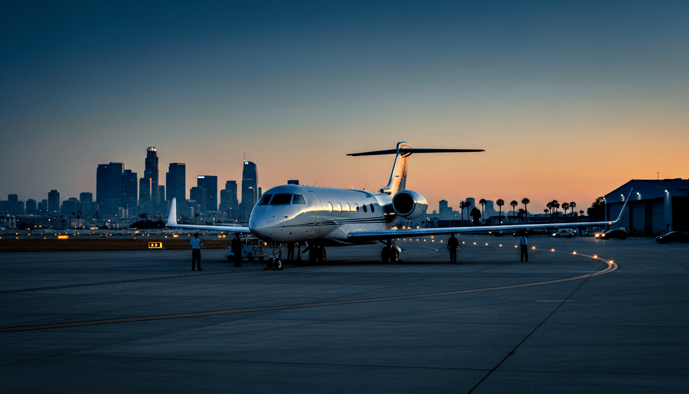White business jet on tarmac at twilight, ground crew at nose gear, amber taxiway lights, skyline against orange-blue sky.