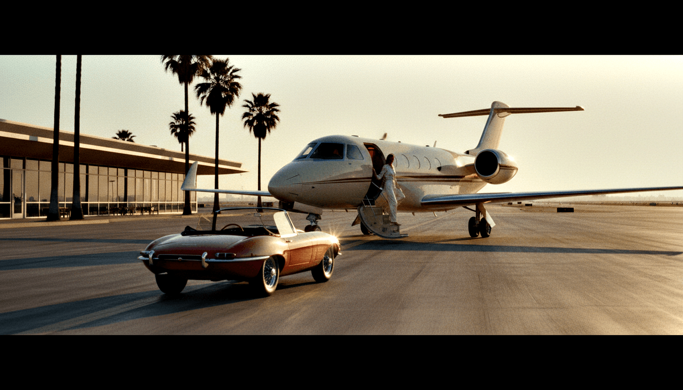Cream-white business jet with airstairs deployed, figure ascending; burgundy classic convertible in foreground, palm trees behind.