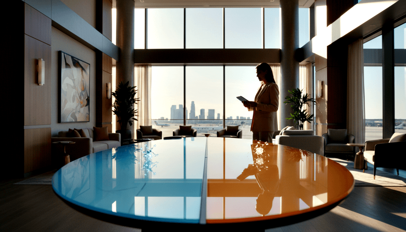 Silhouetted woman in business attire holding a tablet stands before floor-to-ceiling windows with aircraft and city skyline outside.
