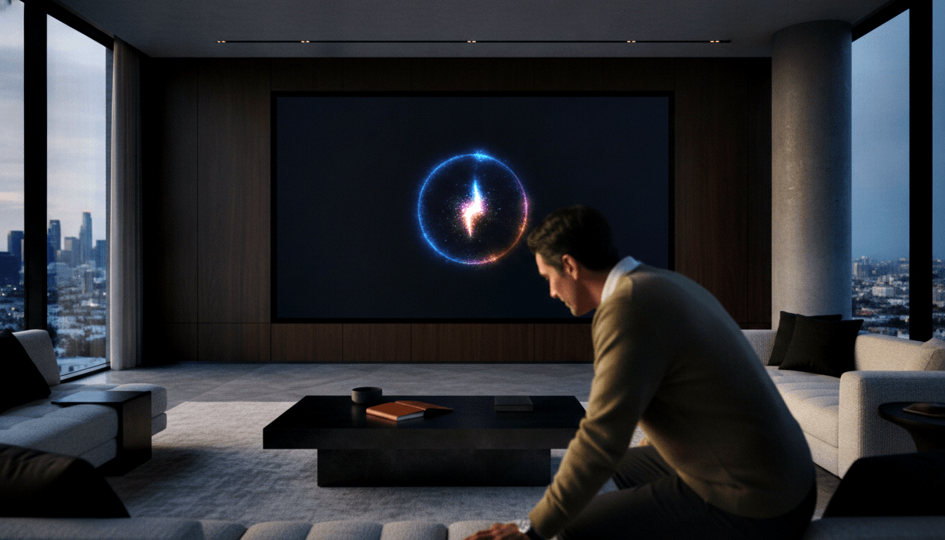 Man in olive sweater sits on floor facing wall screen with glowing blue-orange orb; dim room, city skyline at dusk.