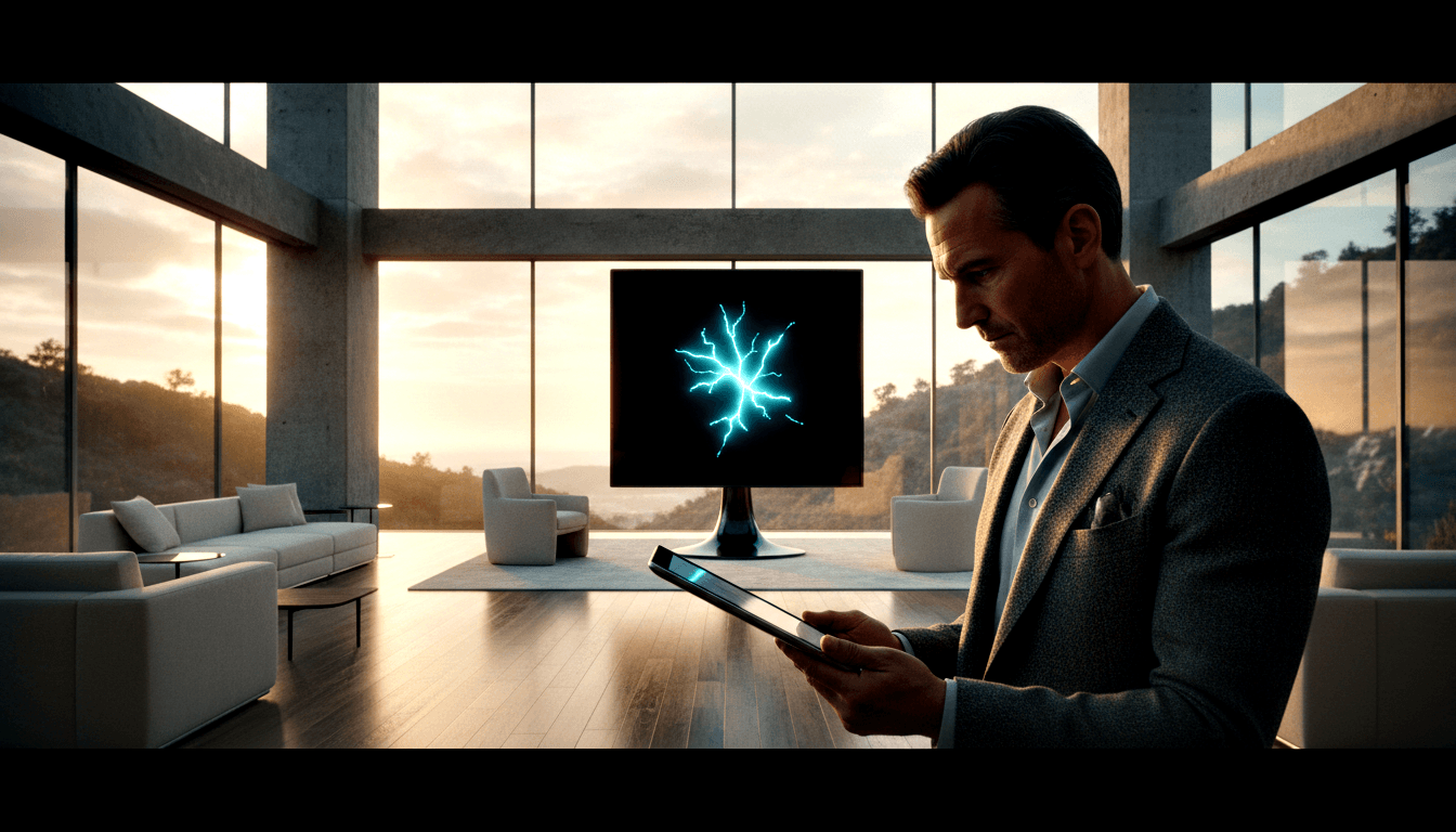 Dark-haired man in charcoal blazer looks down at tablet; behind him a pedestal display shows glowing cyan branching pattern on black.