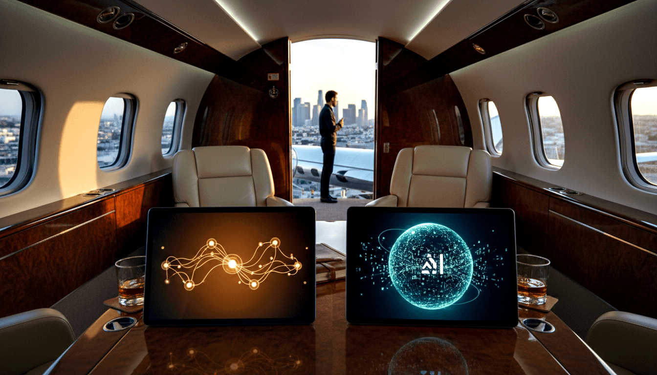 Private jet cabin: two laptops, amber drinks, leather seats; man silhouetted in rear doorway against city skyline.