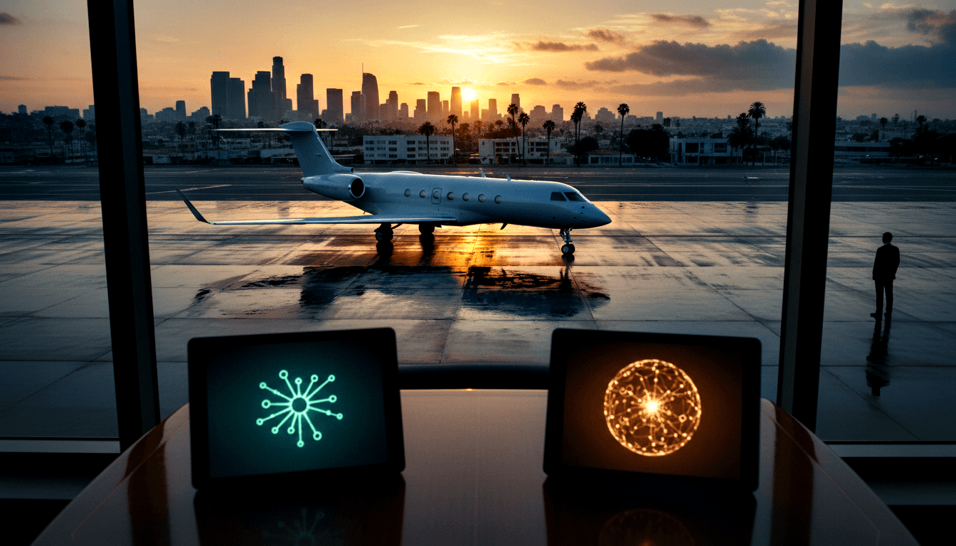 White business jet on wet tarmac at golden hour; city skyline through glass; two screens showing network diagrams in foreground.