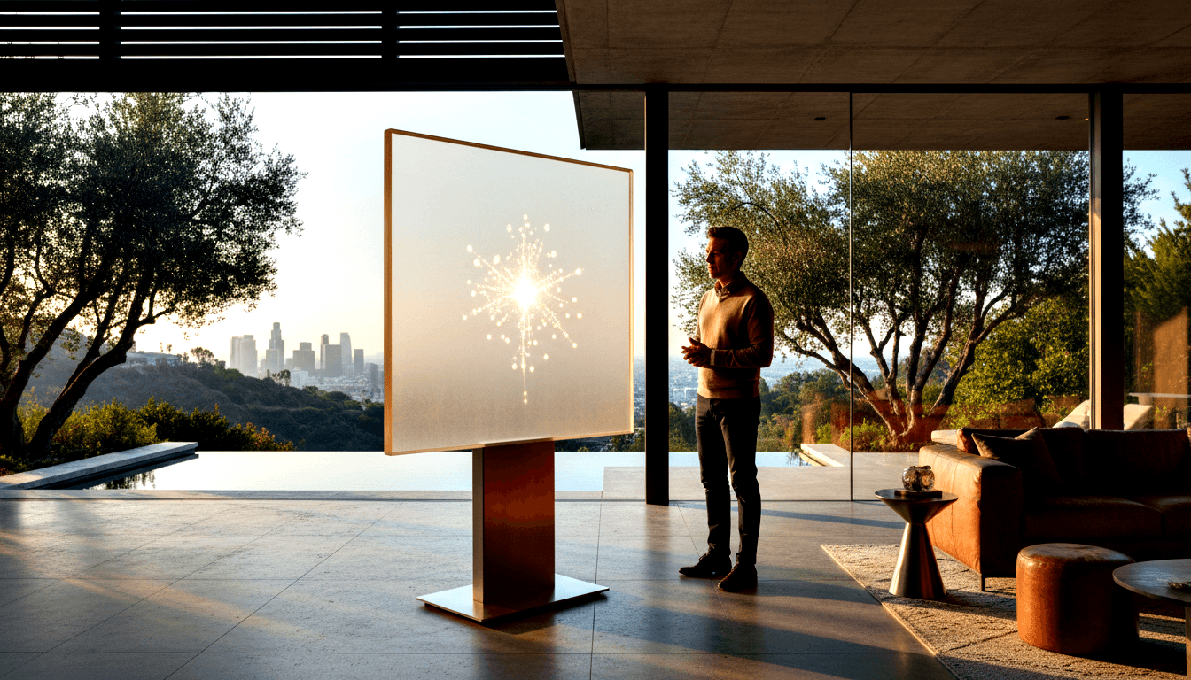 Middle-aged man in gray sweater and dark jeans stands beside a frosted display panel with a starburst network graphic on a metallic pedestal.