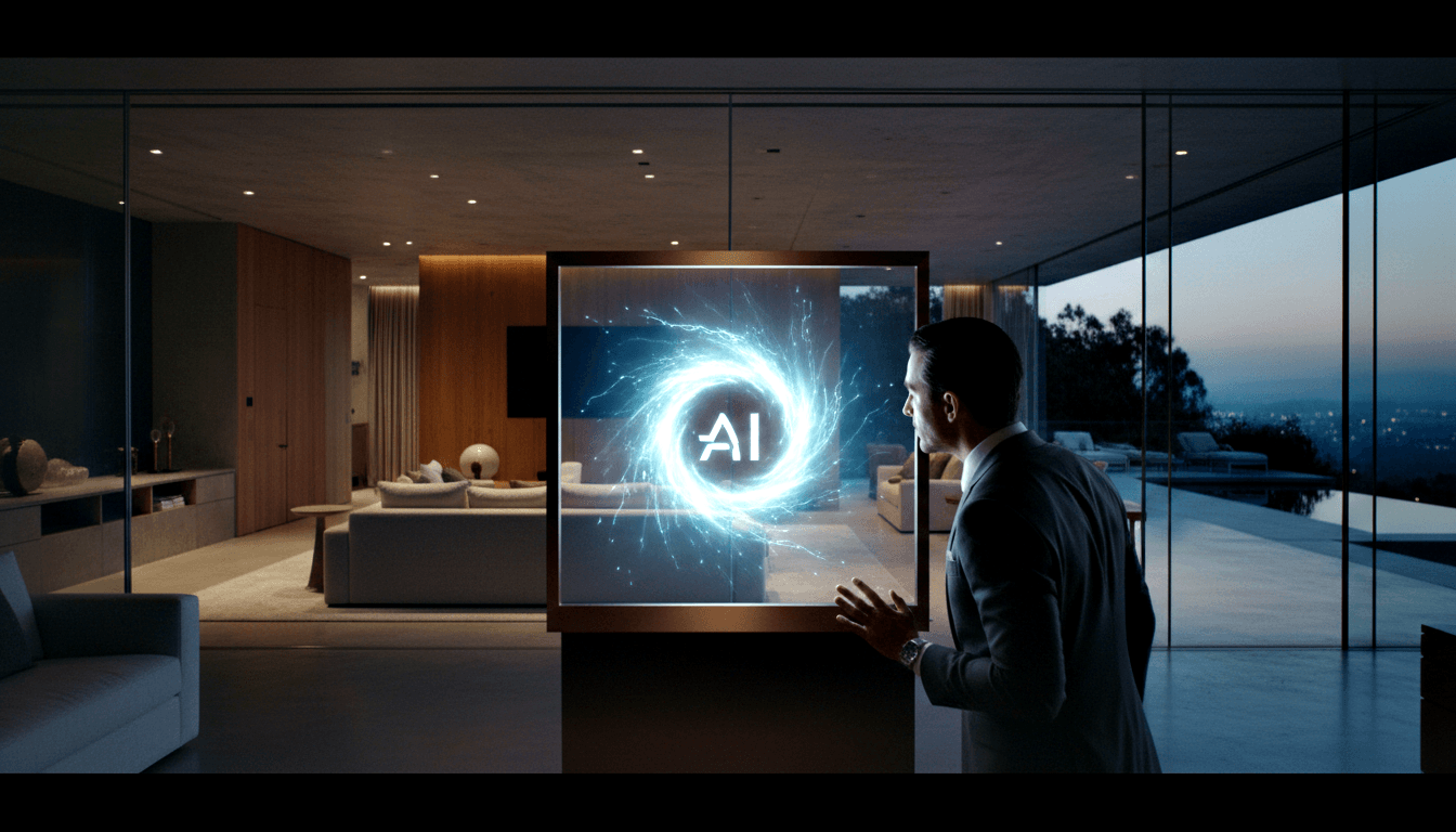 Man in dark suit gestures at glowing cyan circular vortex display with 'AI' at center, luxury room at dusk.