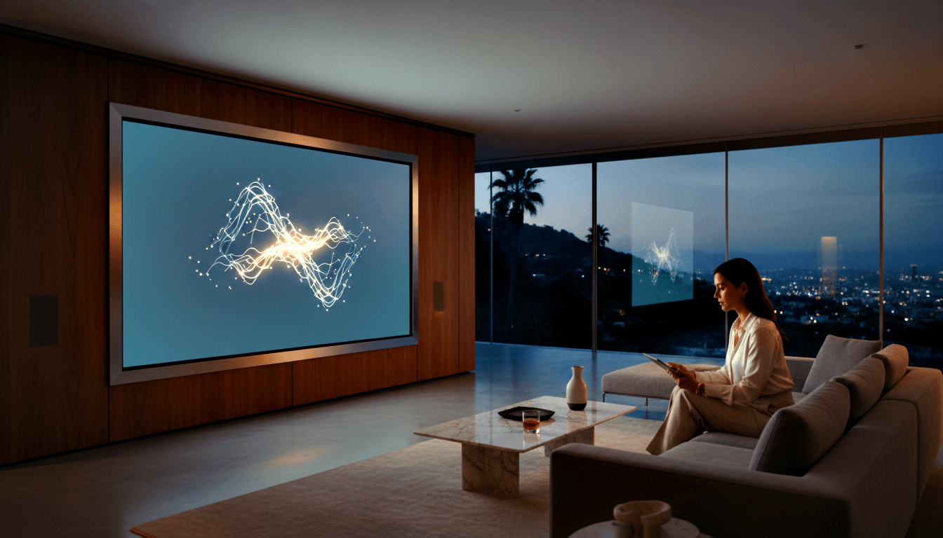 Woman in cream blazer sits on modern sofa holding tablet; waveform display on wall, city nightscape through tall windows.
