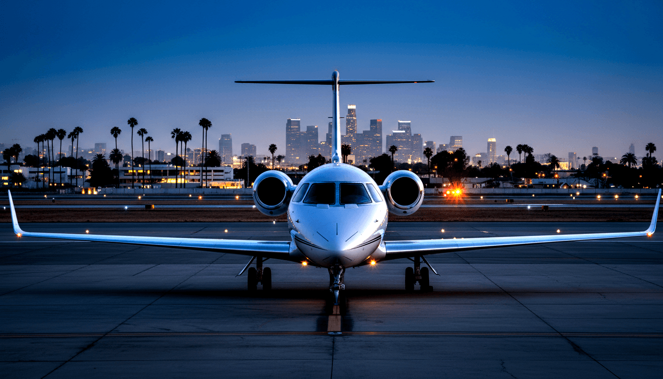 White twin-engine private jet with T-tail and rear-mounted engines, parked head-on on dark tarmac at twilight.