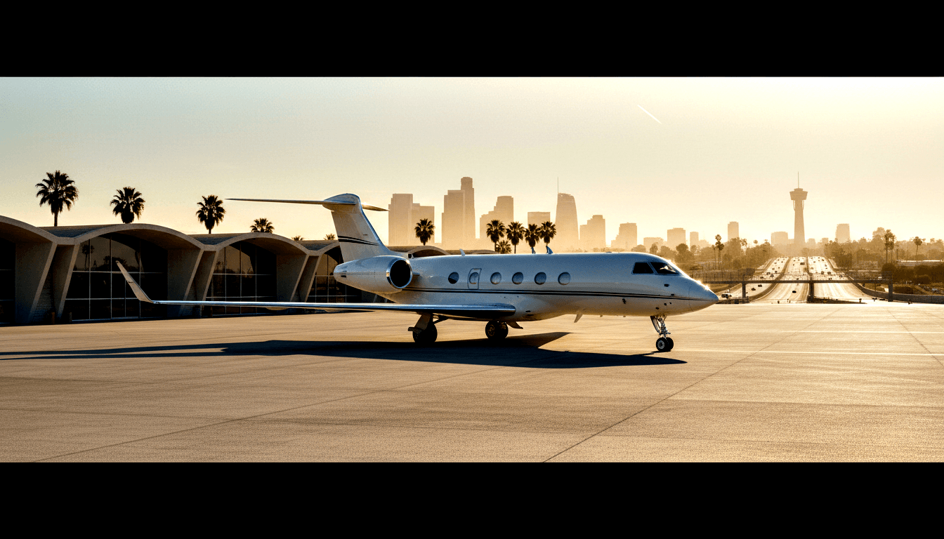White business jet with T-tail and rear-mounted engines on dark tarmac at sunset, with terminal, control tower, and palm-lined freeway behind.