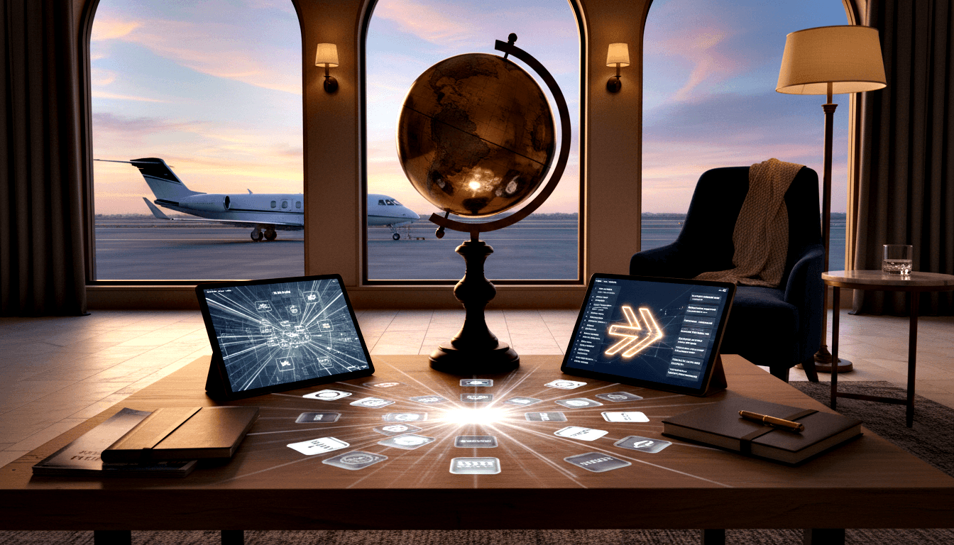CGI executive lounge with wood floors, arched windows revealing private jet at twilight, globe, tablets, and holographic icons.