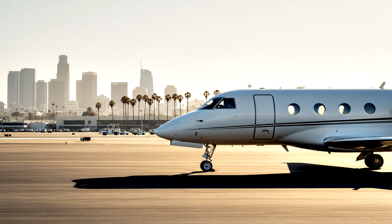 White business jet on tarmac with nose landing gear visible, palm trees and high-rise towers in the hazy background.