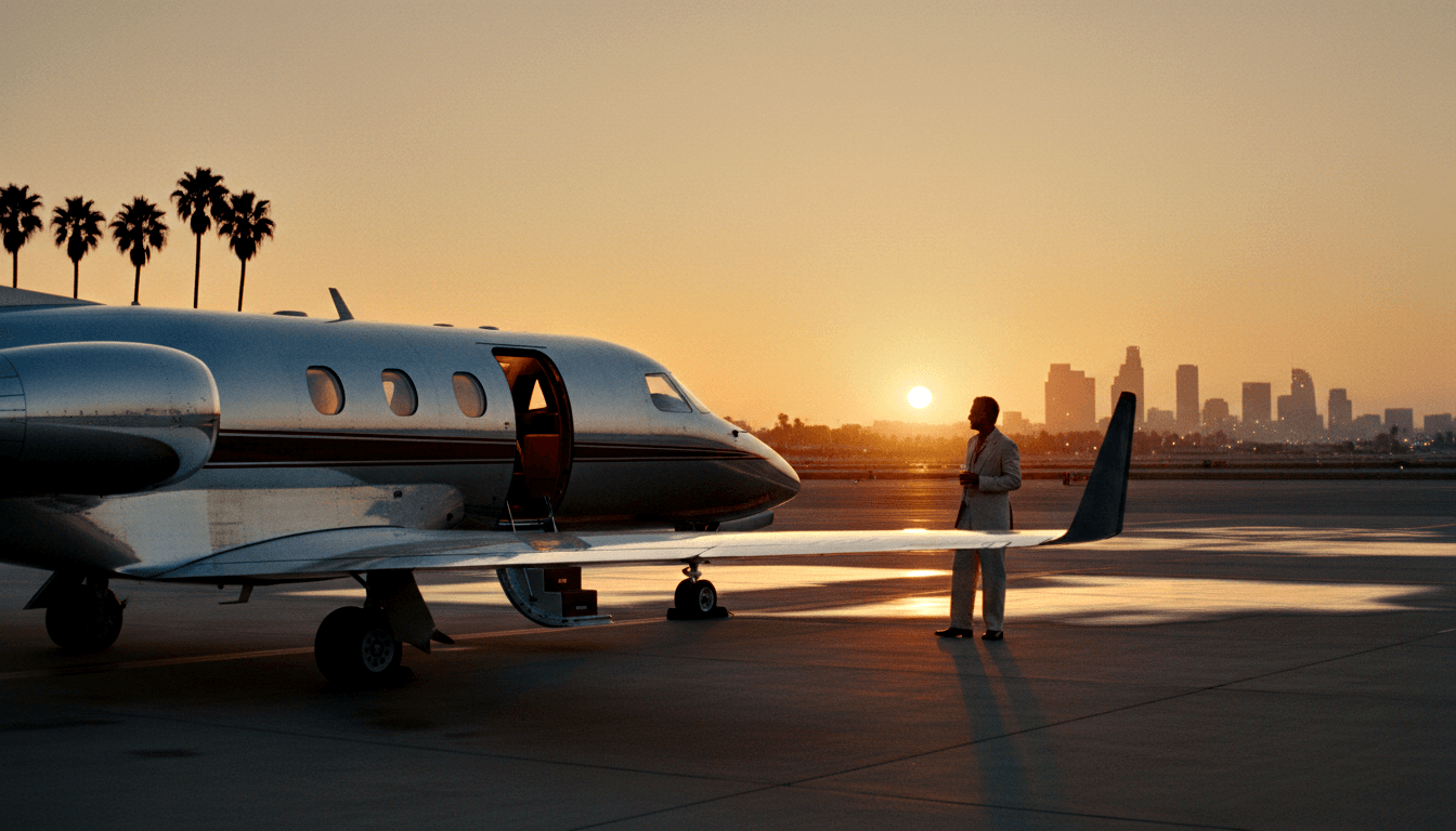 Man in cream suit stands beside silver and dark blue-gray private jet on tarmac at golden hour, airstairs extended, palm trees silhouetted.