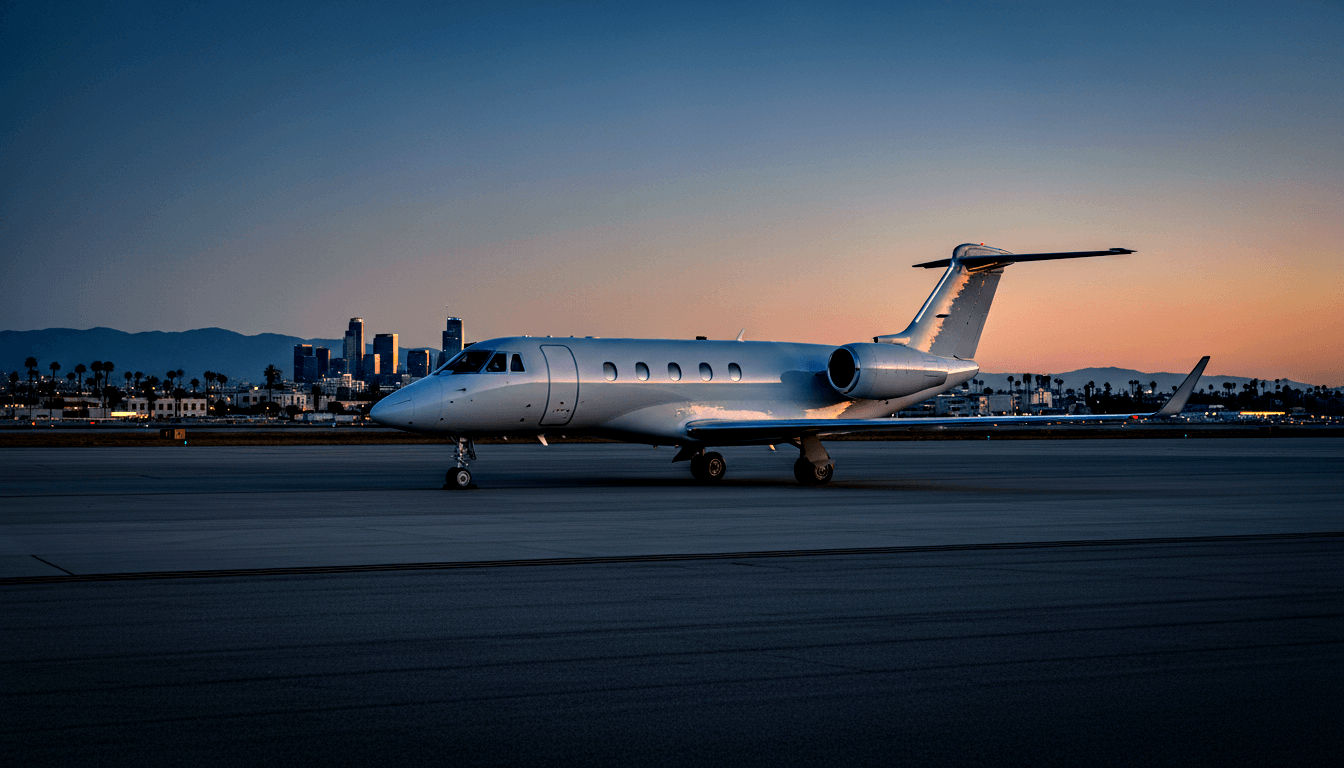 White business jet, rear engines, T-tail, on tarmac at twilight; city buildings, palms, mountains silhouetted at horizon.