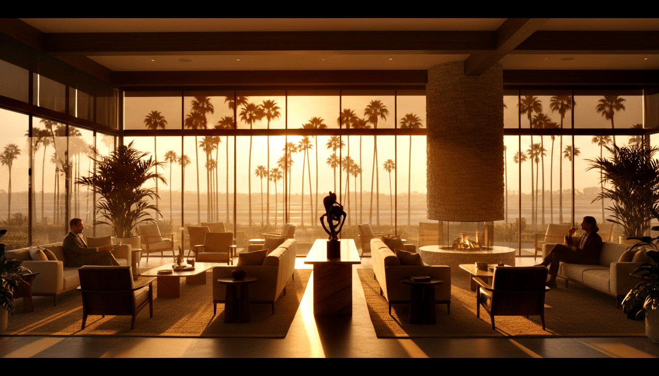 Open-plan lounge with floor-to-ceiling glass walls, golden-hour waterfront beyond, armchairs flanking a sculptural figure on a pedestal.