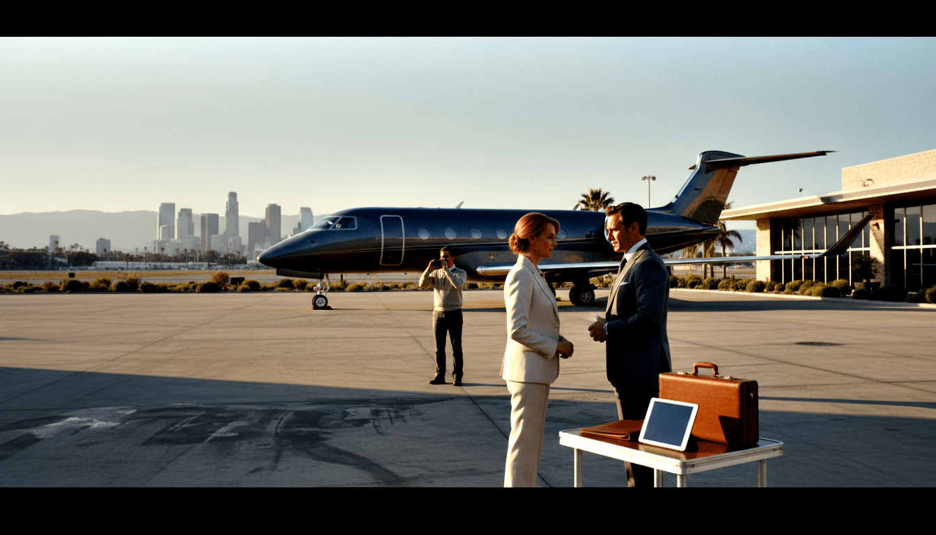 Woman in cream pantsuit and man in navy suit face each other on sunlit tarmac beside a dark private jet with briefcase and tablet on small table.