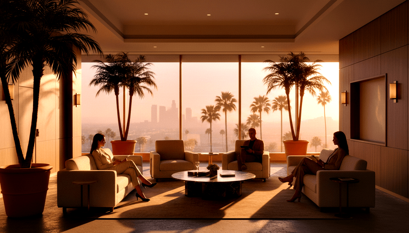 Three people silhouetted by golden sunset light in cream seating around marble coffee table, floor-to-ceiling windows, palm tree skyline.