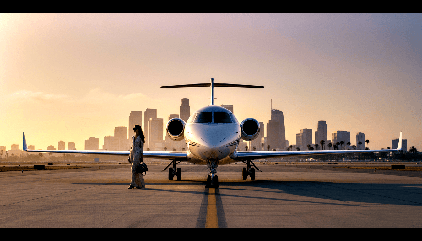 White twin-engine private jet on tarmac at golden hour; woman in flowing dress and sunglasses stands left of the nose holding a handbag.