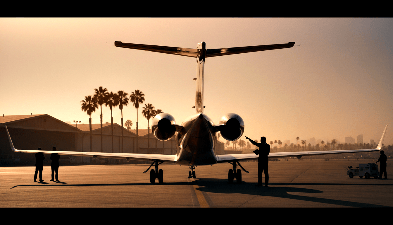 Rear-facing business jet with T-tail and twin rear engines on tarmac, silhouetted against golden backlight with palm trees and hangars.