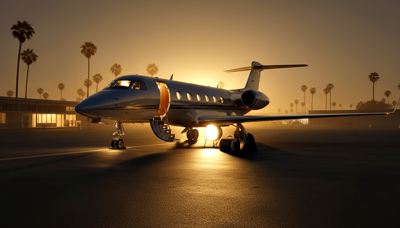 White and silver large-cabin private jet on dark tarmac, boarding door open with airstairs deployed, bags beneath fuselage, at sunset.