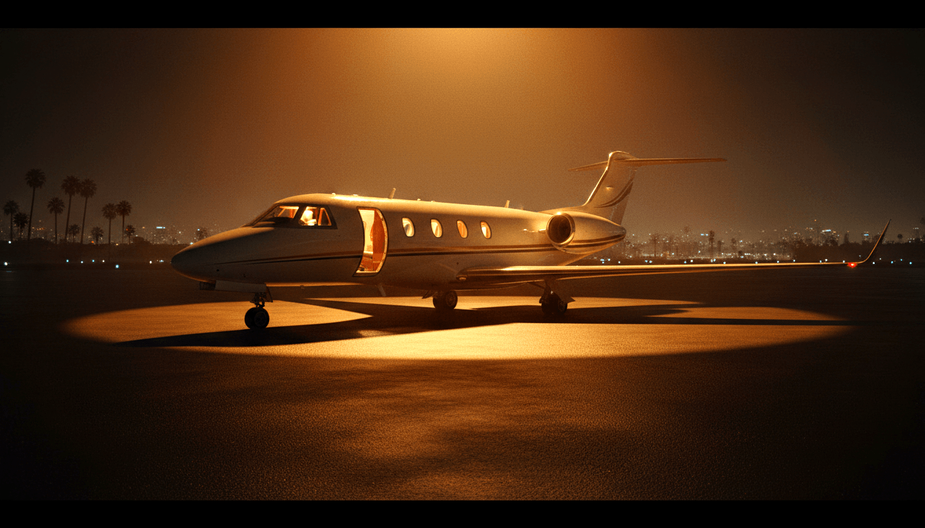 White business jet with T-tail and rear engines on a night tarmac, forward airstair open with warm cabin light spilling out.