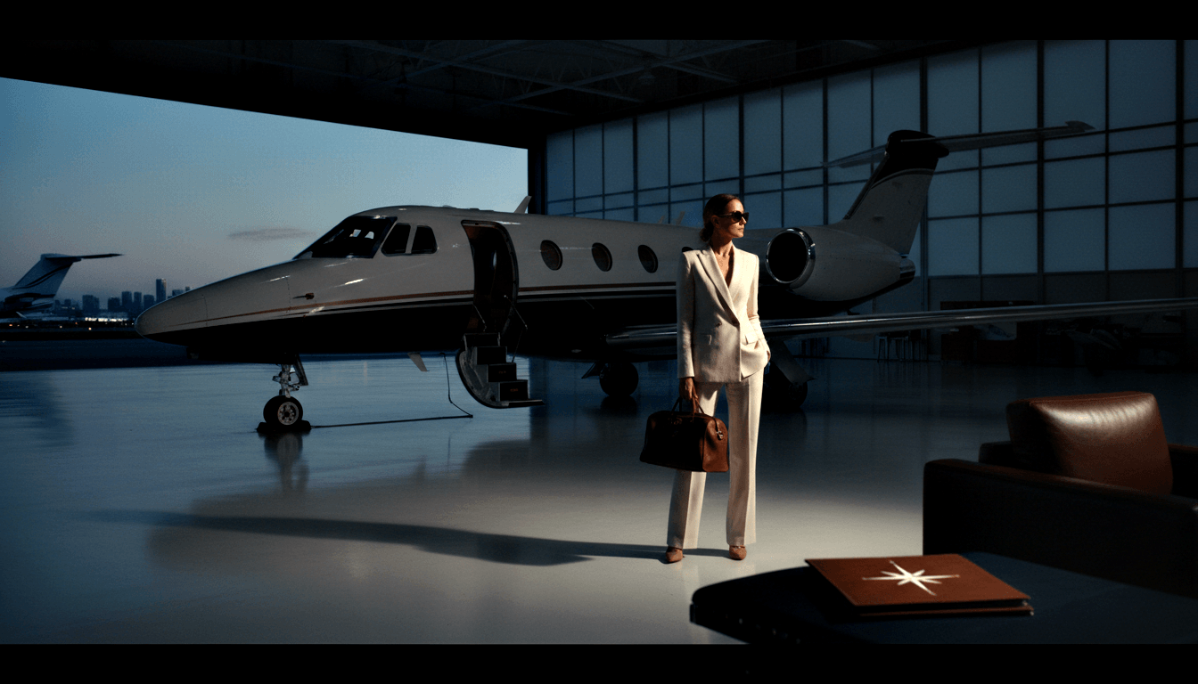 Woman in off-white pantsuit and sunglasses holding brown leather handbag stands before open private jet in a hangar at twilight.