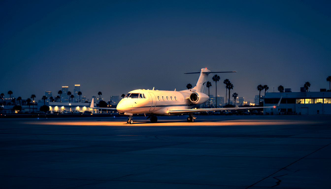 White business jet with rear-mounted engines and T-tail on a dark airport apron at night, lit by warm amber-orange ground lighting.